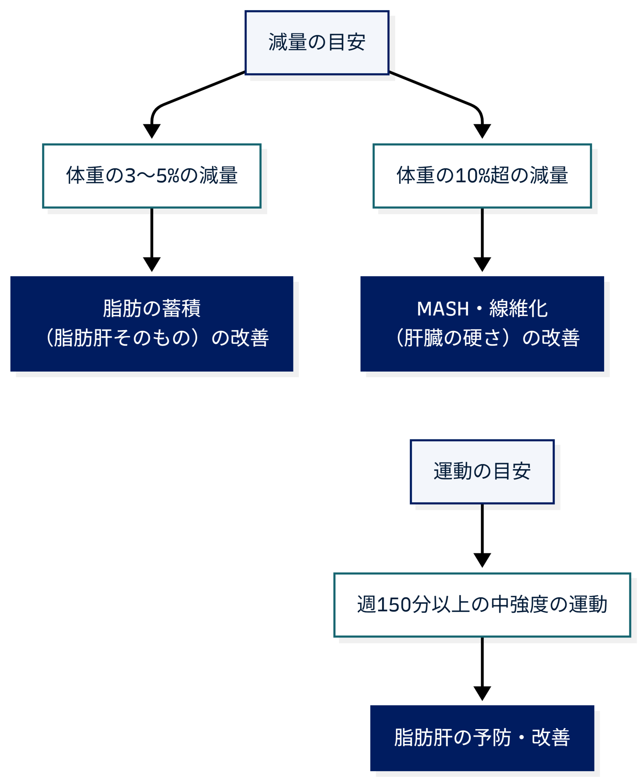 脂肪肝の改善に必要な減量の目安(体重の3〜5%で脂肪の蓄積の改善、10%超でMASH・線維化の改善)と、週150分以上の中強度の運動の目安を示した図